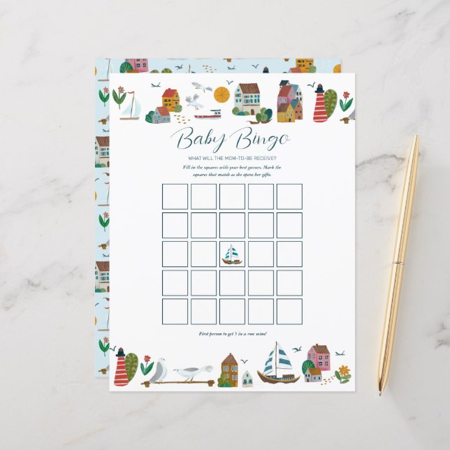 Coastal Nautical Bingo Baby Shower Game (Vorderseite/Rückseite Beispiel)