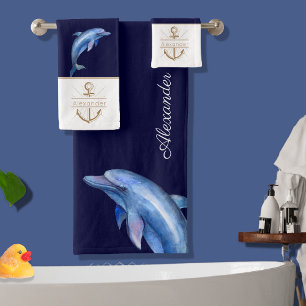 Coastal Nautical Blue Dolphin Watercolor Monogram Badhandtuch Set