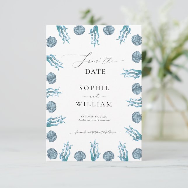 Coastal Nautical Blue Seashell Frame Beach Hochzei Save The Date (Stehend Vorderseite)