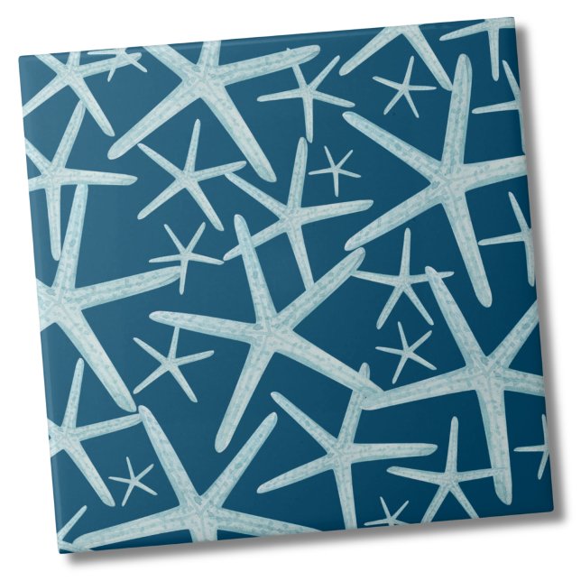 Coastal Nautical Navy Blue Beach Muster Fliese (Navy Blue Teal Nautical Starfish Beach Pattern Ceramic Tile)