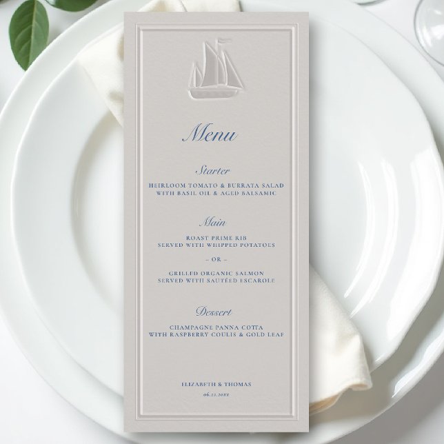 Coastal Nautical Sailboat Elegant Formal Wedding Menükarte (coastal wedding menu nautical sailboat formal traditional double frame modern classic ivory )