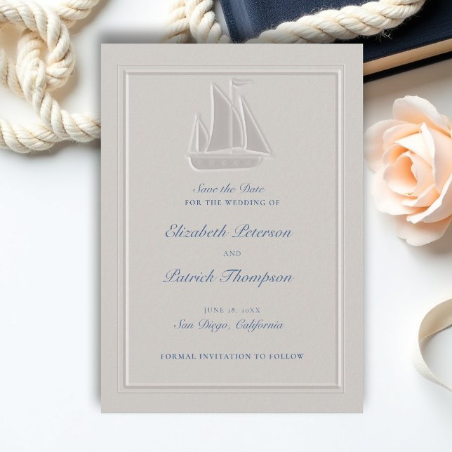 Coastal Nautical Sailboat Ivory Formal Wedding Save The Date (coastal wedding save the date nautical sail boat formal traditional double frame modern classic)