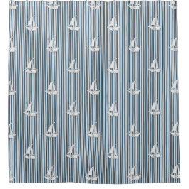 Coastal Nautical Sailboats on Blue Stripes Duschvorhang