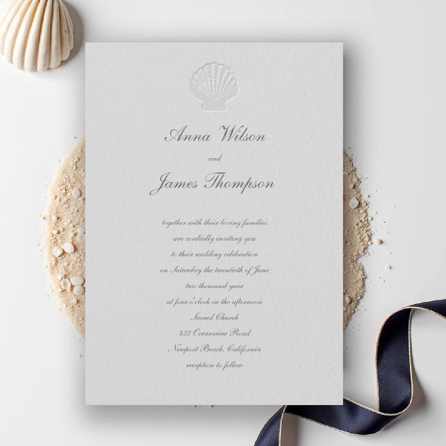 Coastal Nautical Seashell Classic Script Wedding Einladung (nautical coastal wedding invitation modern classic formal traditional script elegant shell ivory)