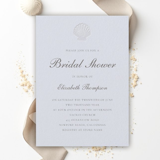 Coastal Nautical Shell Formal Blue Bridal Shower Einladung (coastal bridal shower invitation formal modern classic elegant script shell blue nautical ocean boat)