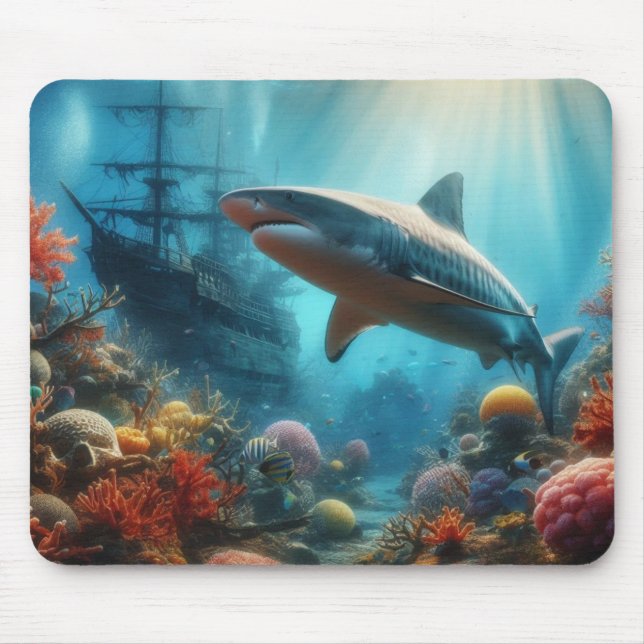Coastal/nautical tiger shark & coral reef mousepad (Vorne)