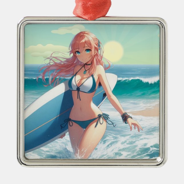 Coastal/Nautical/tropical anime surfer girl Ornament Aus Metall (Vorne)
