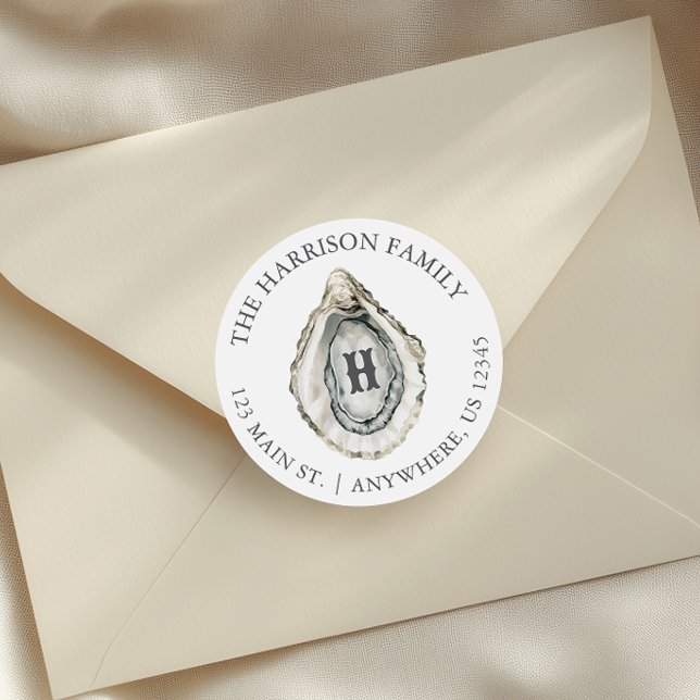 Coastal Oystal Monogram Address Runder Aufkleber (Von Creator hochgeladen)