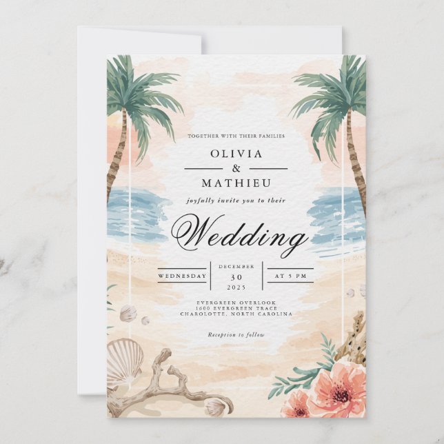 Coastal Palm Arch Wedding Einladung (Vorderseite)