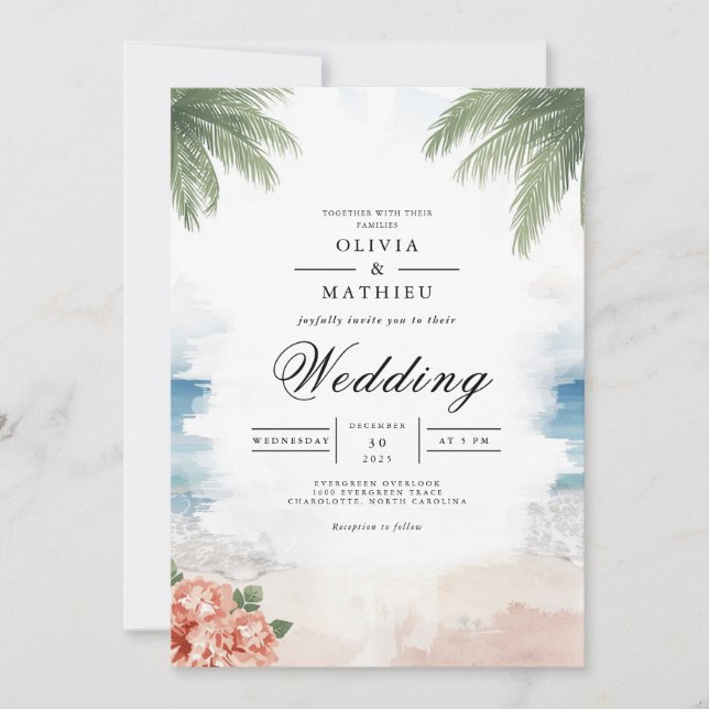 Coastal Palm Breeze Beach Hochzeit Einladung (Vorderseite)
