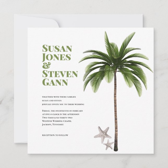 Coastal Palm Tree Bold Typografy Beach Wedding Einladung (Vorderseite)