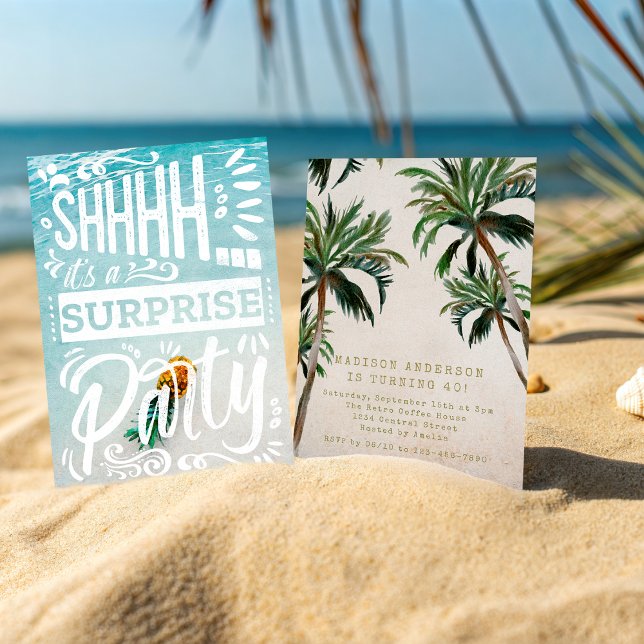 Coastal Palm Trees Surprise Party Beach Birthday Einladung (Von Creator hochgeladen)