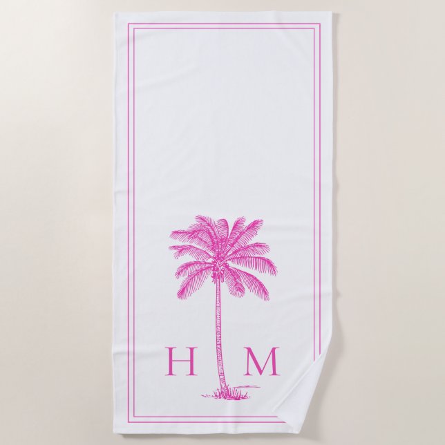 Coastal Pink und White Palmetto Palm Tree Monogram Strandtuch (Vorderseite)