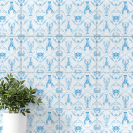 Coastal Preppy Lobster and Crabs in Light Blue Fliese