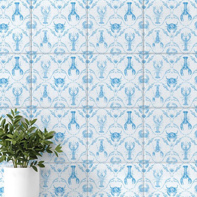 Coastal Preppy Lobster and Crabs in Light Blue Fliese (Coastal Preppy Lobster and Crabs in Light Blue Ceramic Tile)