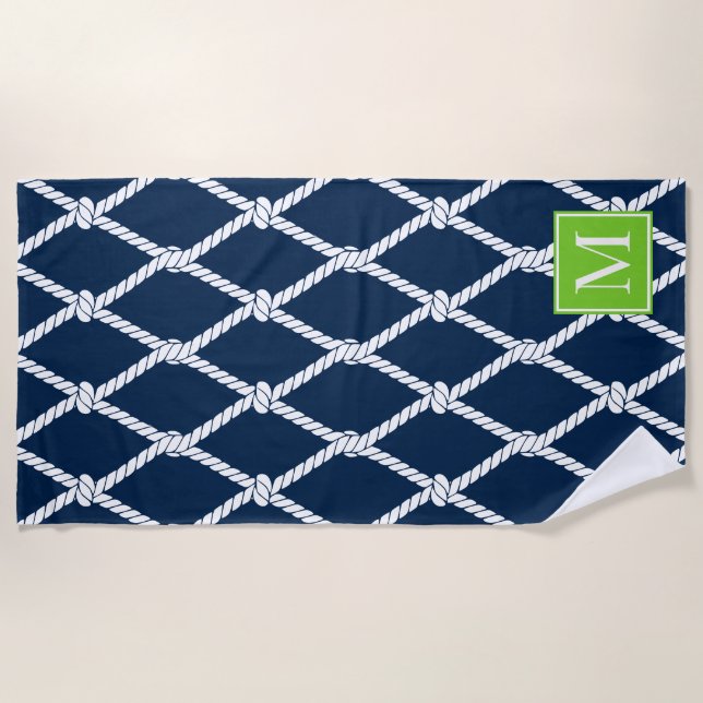 Coastal Preppy Nautical Monogram  – Navy & Lime Strandtuch (Vorderseite)