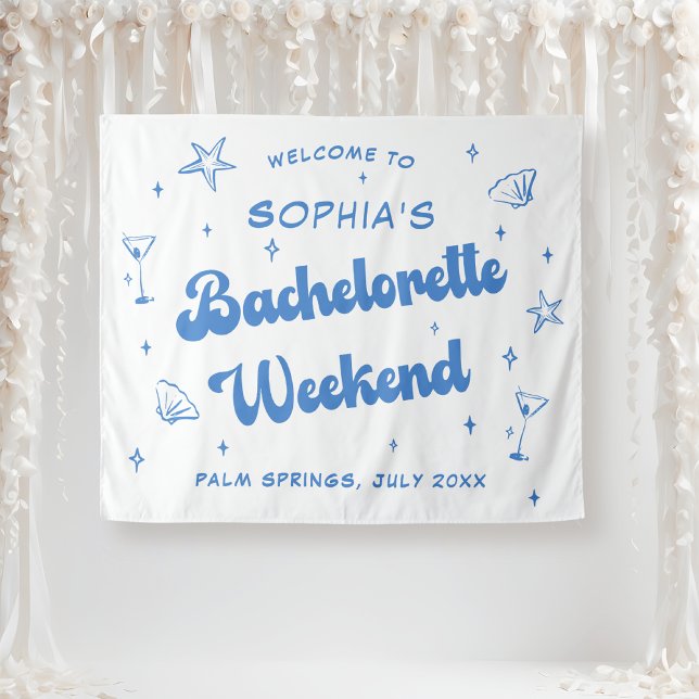 Coastal Retro Beach Blue Bachelorette Wandteppich (Von Creator hochgeladen)