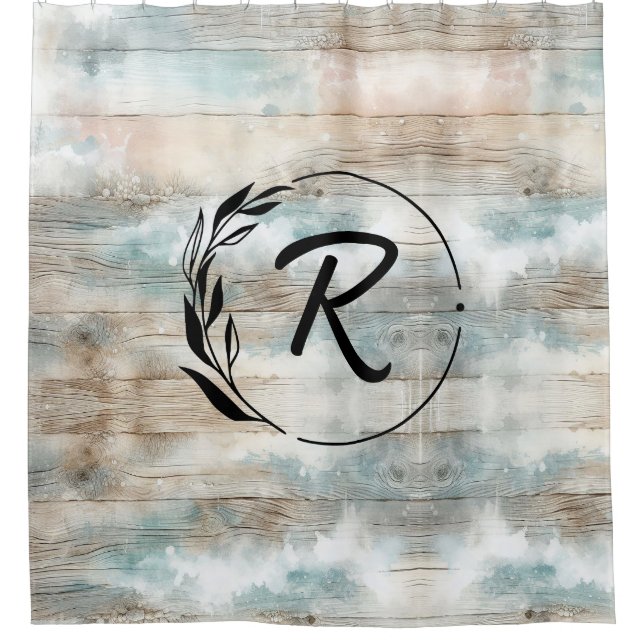 Coastal Rustic Wood Monogram Letter Duschvorhang (Vorderseite)