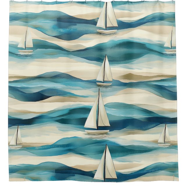 Coastal Sailboat Waves Nautical Pattern (2) Duschvorhang (Vorderseite)