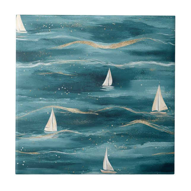 Coastal Sailboat Waves Nautical Pattern (3) Fliese (Vorderseite)