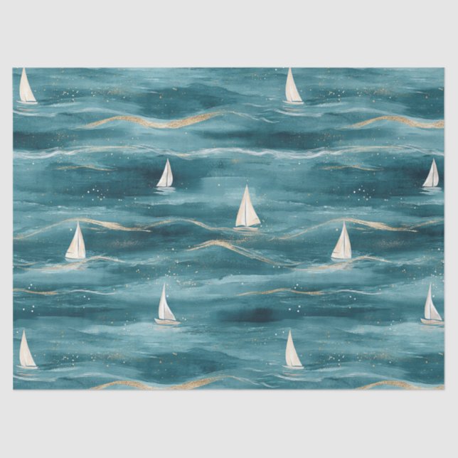 Coastal Sailboat Waves Nautical Pattern (3) Seidenpapier (Vorderseite)