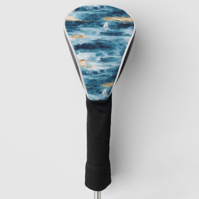 Coastal Sailboat Waves Nautical Pattern (4) Golf Headcover (Vorderseite)