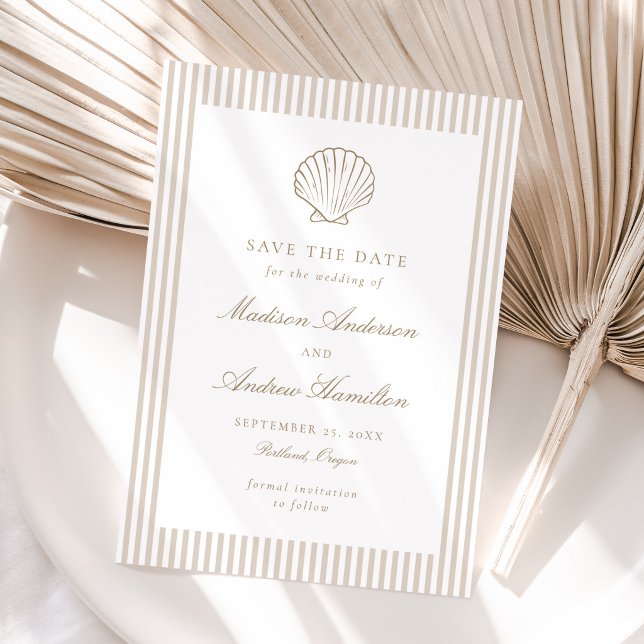 Coastal Sand Stripe Shell Wedding Save the Date (Von Creator hochgeladen)