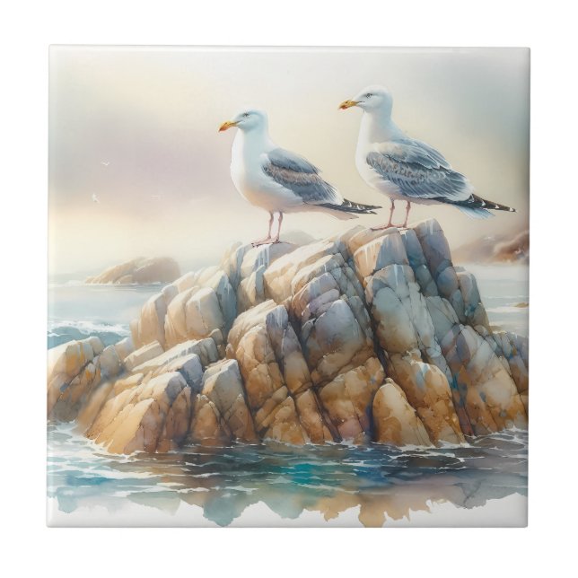 Coastal Seagulls Watercolor Seascape Fliese (Vorderseite)