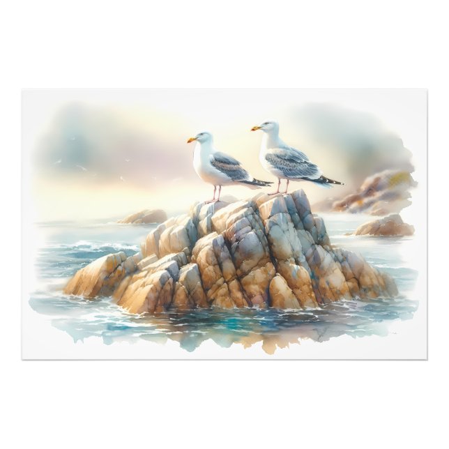 Coastal Seagulls Watercolor Seascape Fotodruck (Vorne)