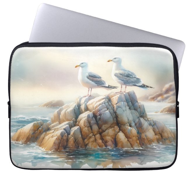 Coastal Seagulls Watercolor Seascape Laptopschutzhülle (Vorderseite)