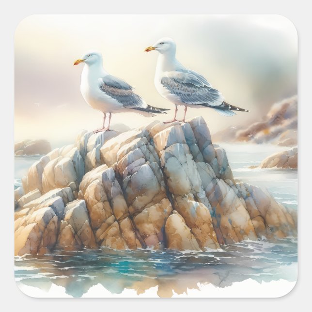 Coastal Seagulls Watercolor Seascape Quadratischer Aufkleber (Vorderseite)