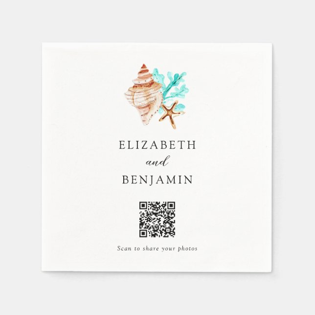Coastal Seashell Beach Wedding QR Code Share Photo Serviette (Vorderseite)