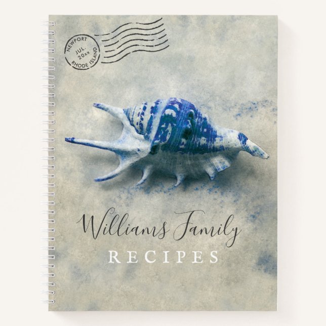 Coastal Seashell Blue Mit Monogramm Family Rezepte Notizbuch (Vorderseite)