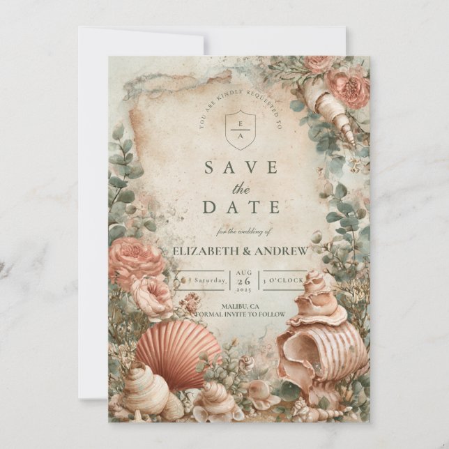 Coastal Seashell Botanical Elegance Save The Date (Vorderseite)