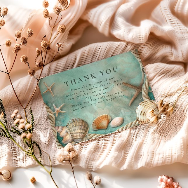 Coastal Seashell Botanical Wedding Dankeskarte (Von Creator hochgeladen)