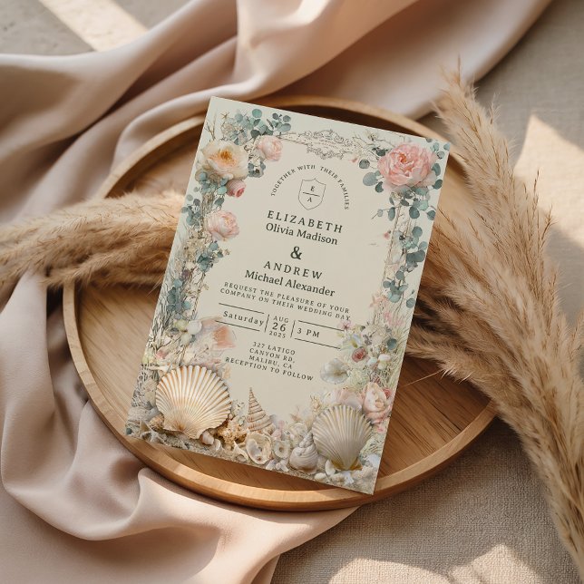 Coastal Seashell Botanical Wedding Einladung (Von Creator hochgeladen)