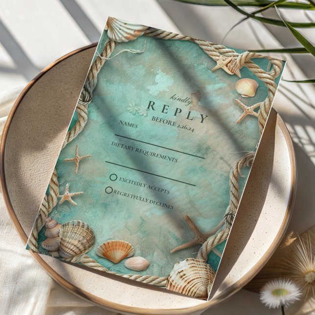 Coastal Seashell Botanical Wedding RSVP Karte (Von Creator hochgeladen)