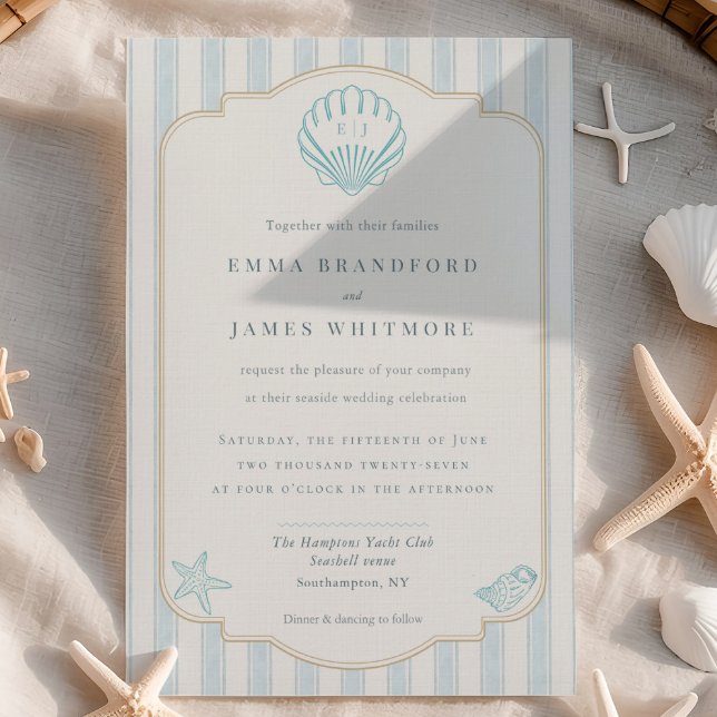 Coastal Seashell Monogram Nautical Striped Wedding Einladung (Von Creator hochgeladen)