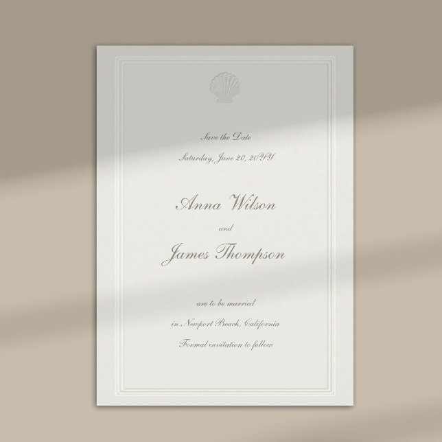 Coastal Seashell Nautical Formal Ecru Wedding Save The Date (modern classic wedding save the date coastal nautical shell ecru script formal traditional elegant)