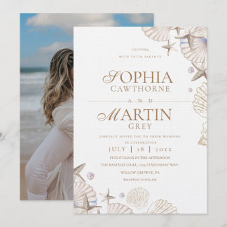 Coastal Seashells Beach Wedding Photo Einladung