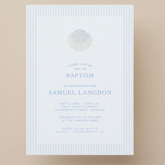 Coastal shell blue striped baptism Invitation Einladung (Von Creator hochgeladen)