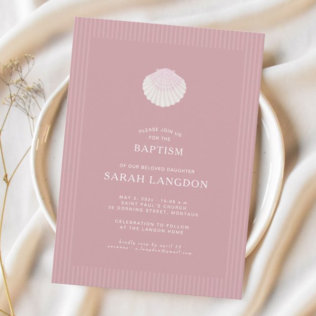 Coastal shell dusty pink striped baptism Invitatio Einladung (Von Creator hochgeladen)
