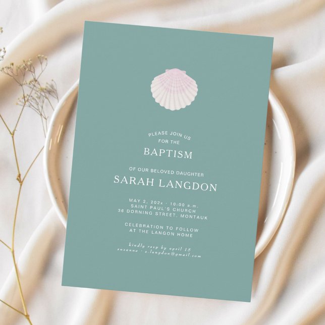 Coastal shell sage green pink baptism Invitation Einladung (Von Creator hochgeladen)