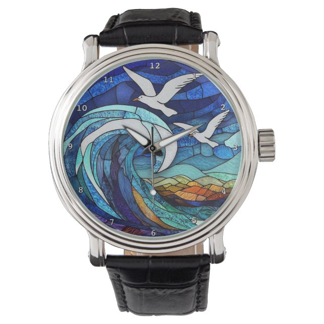 Coastal Skies Stained Glass Seas Seagull Ocean Armbanduhr (Vorderseite)