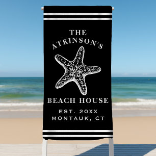 Coastal Starfish Beach House Familienname Schwarz Strandtuch
