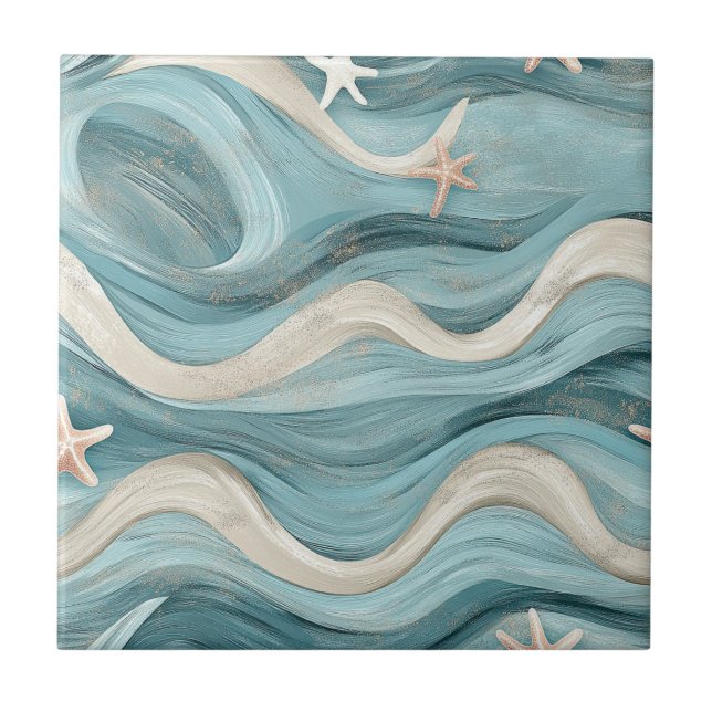 Coastal Starfish on Aqua Sand Waves Pattern (10) Fliese (Vorderseite)