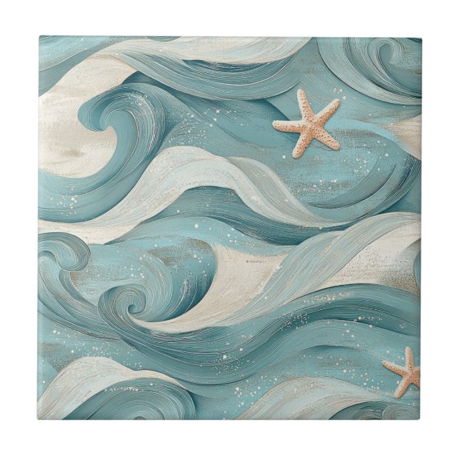 Coastal Starfish on Aqua Sand Waves Pattern (11) Fliese (Vorderseite)
