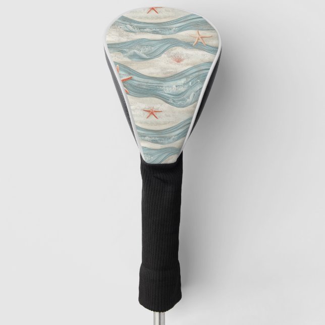 Coastal Starfish on Aqua Sand Waves Pattern (7) Golf Headcover (Vorderseite)