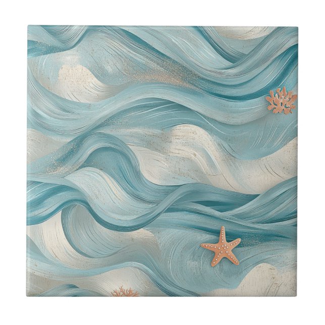 Coastal Starfish on Aqua Sand Waves Pattern (9) Fliese (Vorderseite)