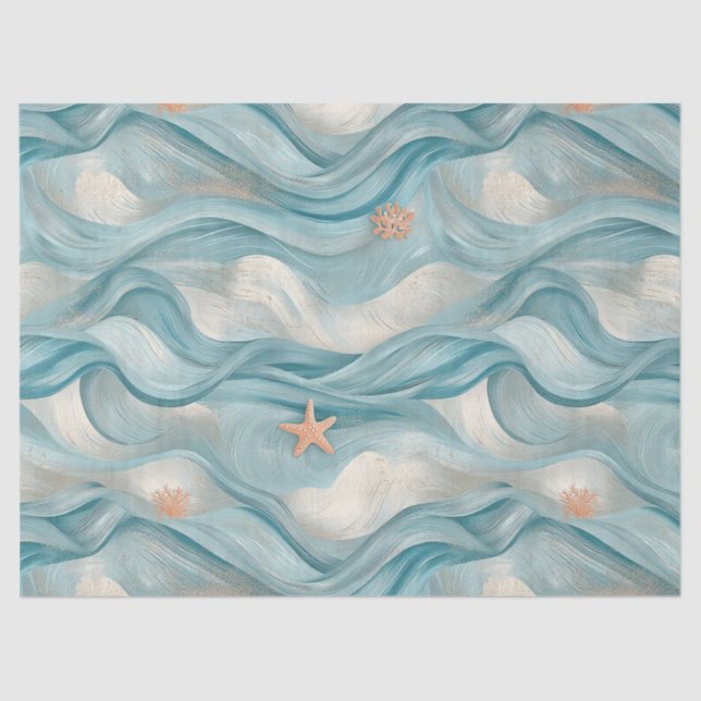 Coastal Starfish on Aqua Sand Waves Pattern (9) Seidenpapier (Vorderseite)